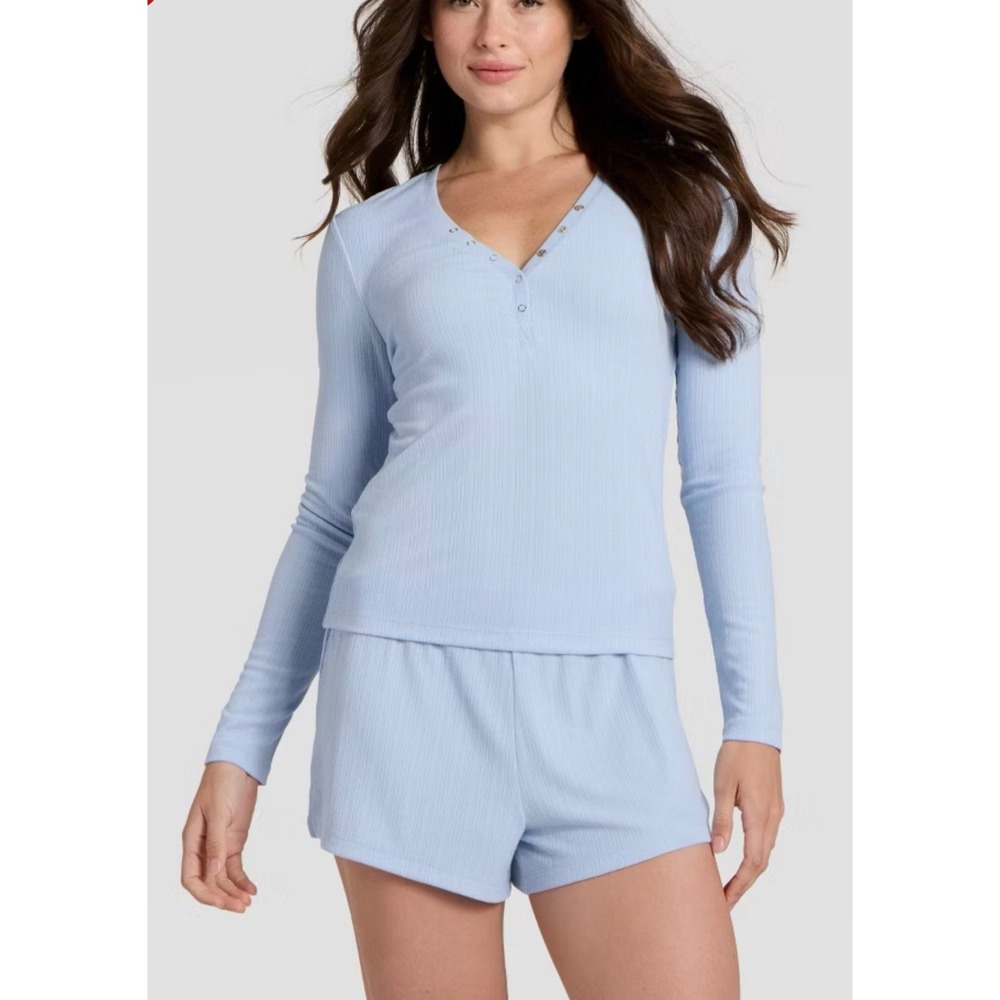 Auden Sleepwear Womens Large Blue ribbed Long Sleeve Top & Shorts Pajama Set